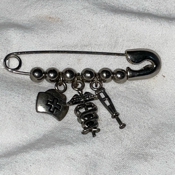 Vintage Sterling safety pin ball bead medical charms brooch - Picture 1 of 2